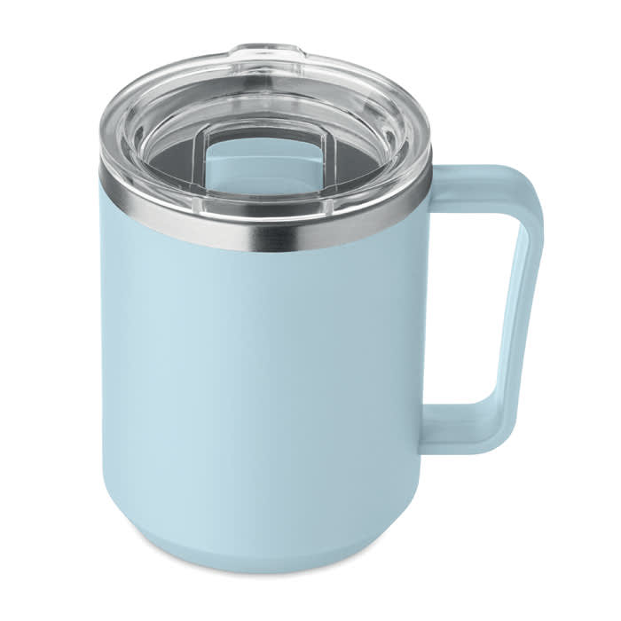 A drink bottle in light blue with a stainless steel band and a clear lid, featuring a comfortable handle.