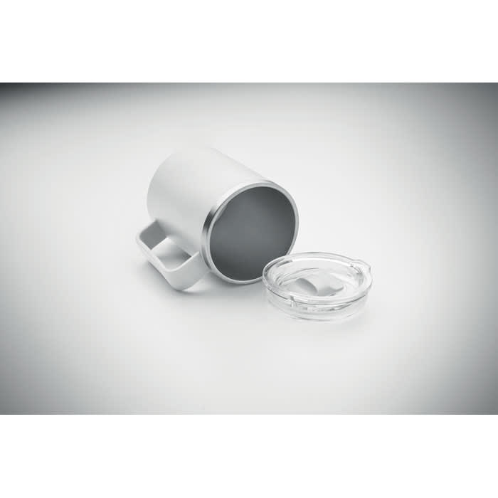 A drink bottle in silver with a clear lid, featuring a handle and a smooth finish.