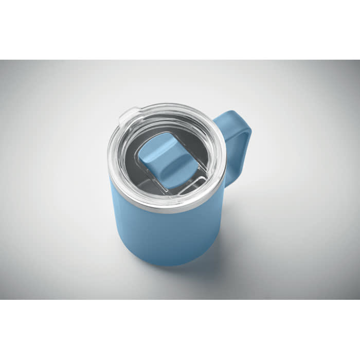 A drink bottle in blue with a transparent lid and a black ice cube inside. Features a handle and a logo.