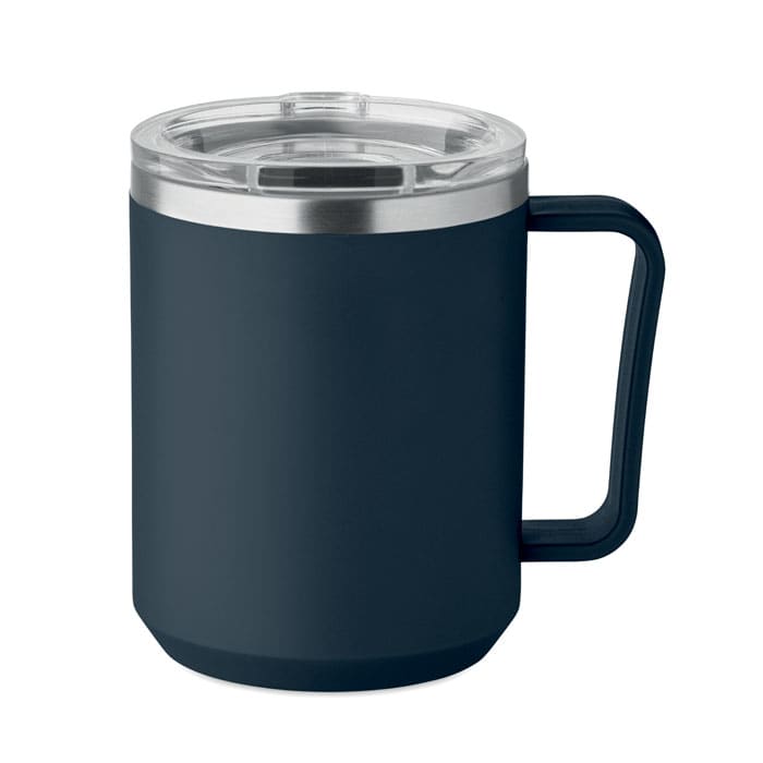 A drink bottle in dark navy colour with a stainless steel lid and a sturdy handle. It features a logo.