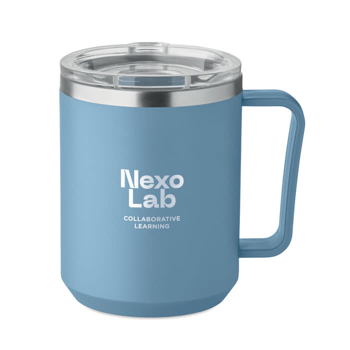 A drink bottle in light blue with a stainless steel lid and a handle, featuring a logo on the front.