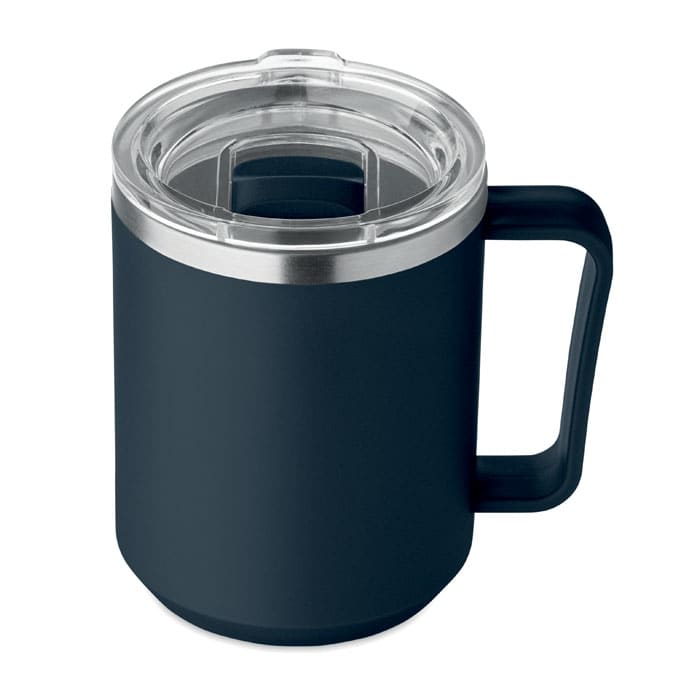 A drink bottle in dark blue with a stainless steel rim and a clear, sliding lid. It has a handle for easy carrying.