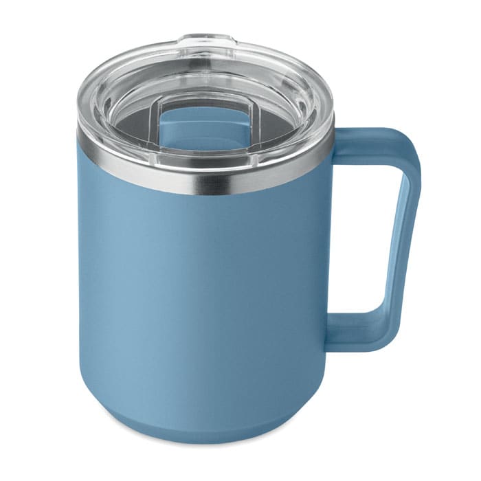 A drink bottle in a light blue colour with a clear lid and a sturdy handle. It features a logo on its surface.