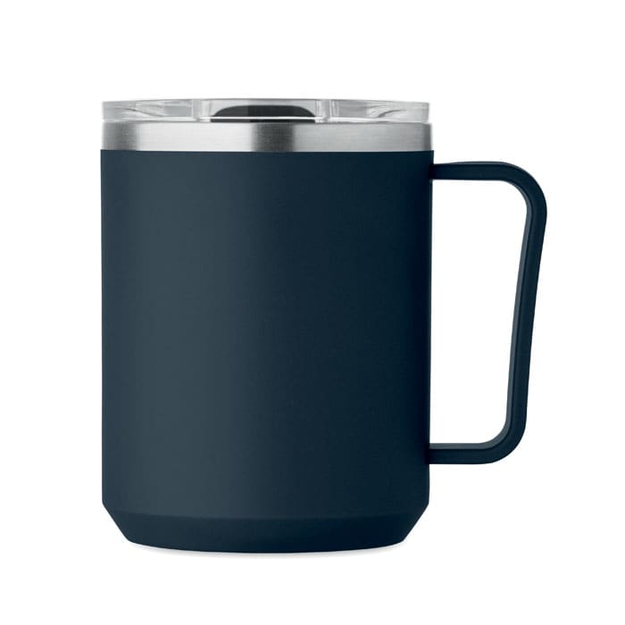 A drink bottle in navy blue with a stainless steel lid and a handle, featuring a smooth matte finish.