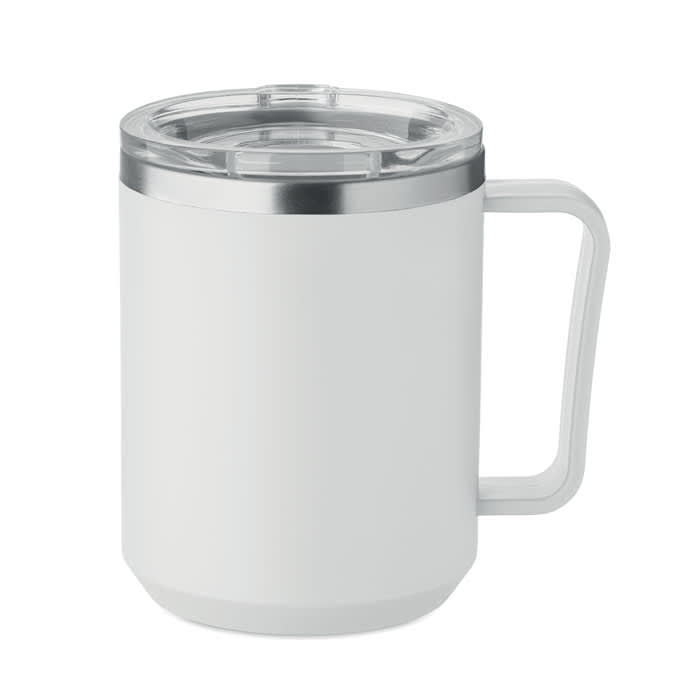 A drink bottle in white with a silver lid and handle. It has a clear, transparent top.