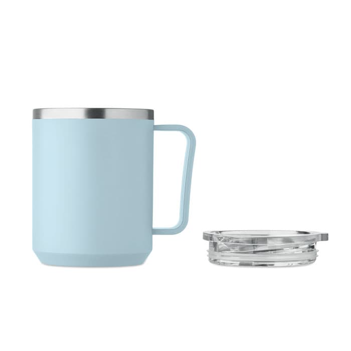 A drink bottle in light blue with a stainless steel lid, accompanied by a clear lid.