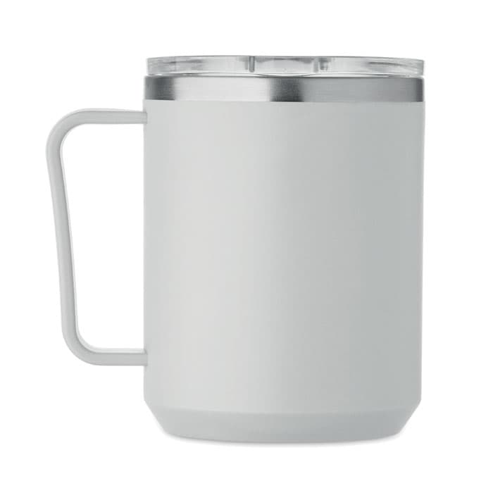 A drink bottle in a matte white finish with a silver lid and a sturdy handle. It features a clear top.