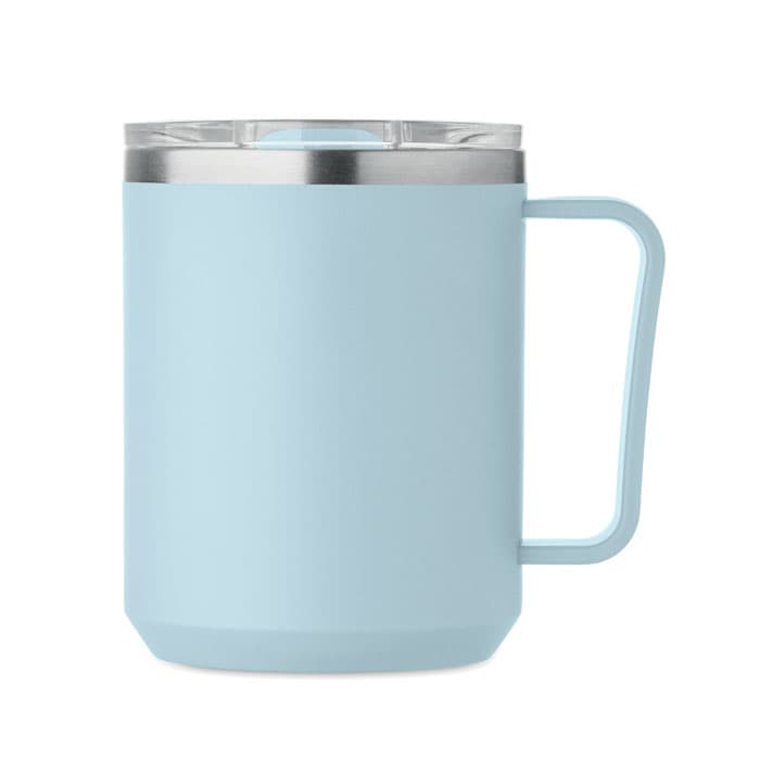 A drink bottle in light blue with a stainless steel rim and a handle, featuring a clear lid.