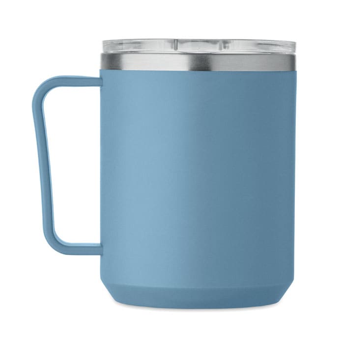 A drink bottle in a soft blue colour with a stainless steel lid and a sturdy handle. It features a logo on the side.