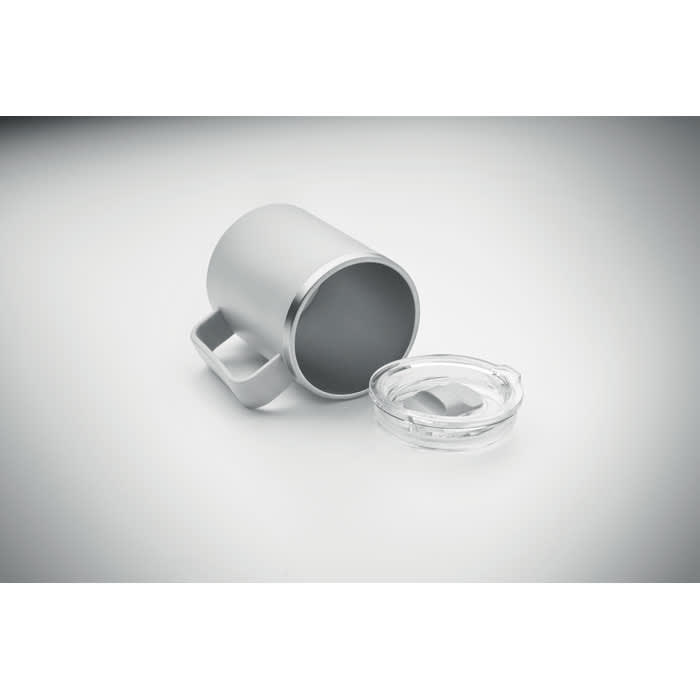 A drink bottle in silver with a transparent lid, featuring a handle and a modern design.