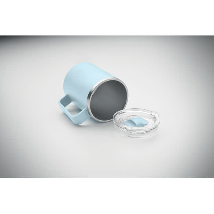 A drink bottle in a soft blue hue, with a stainless steel interior and a clear lid on the side.