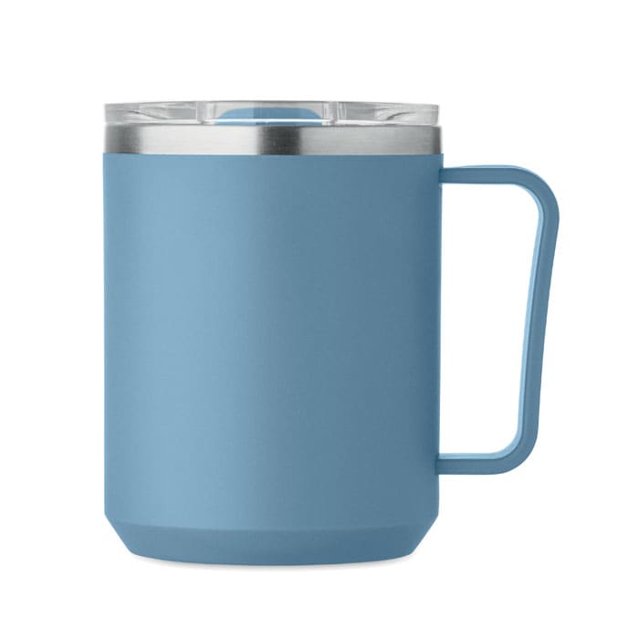 A drink bottle in a light blue colour with a stainless steel lid and a sturdy handle.