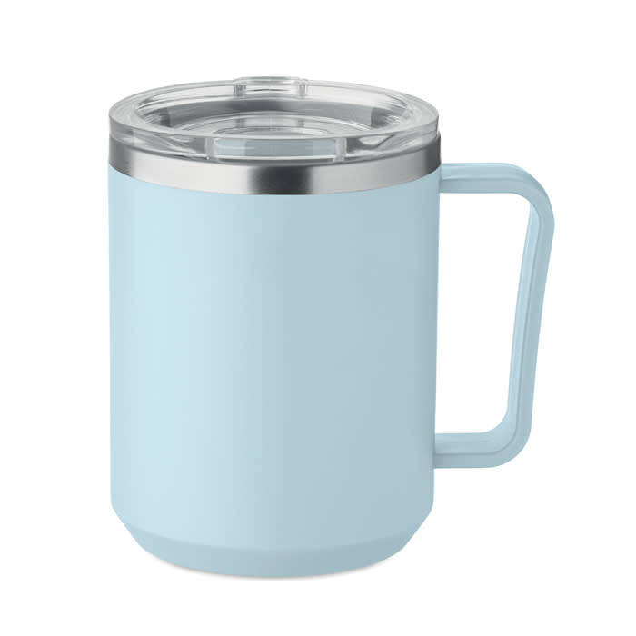 A drink bottle in light blue with a stainless steel lid and a sturdy handle. It features a clear drinking lid.