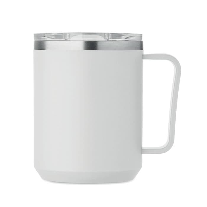 A drink bottle in white with a metal lid and handle, featuring a clear lid and a sleek design.