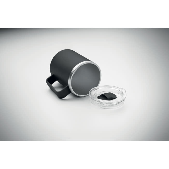 A drink bottle in matte black with a clear lid and a black silicone seal. It features a sleek, modern design.