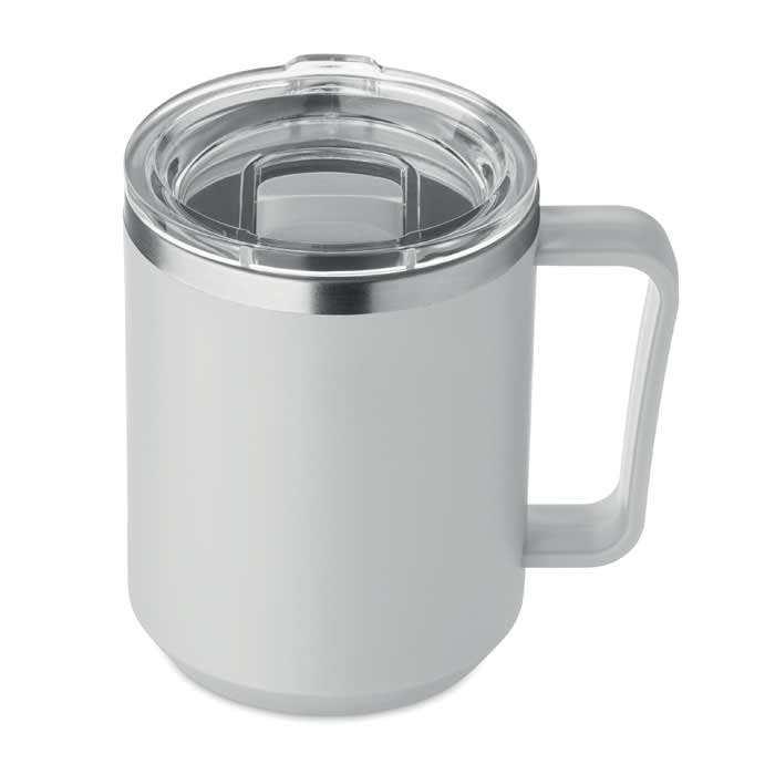A drink bottle in a sleek silver finish with a clear lid and a sturdy handle. It features a logo on the side.