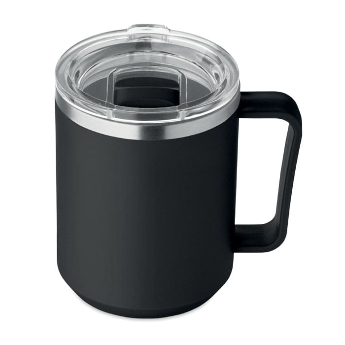 A drink bottle featuring a black stainless steel body and a clear, removable lid with a handle.