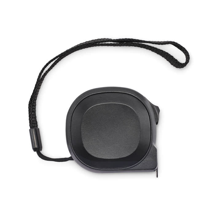 A measuring tape in black with a textured grip and a convenient wrist strap for easy handling.