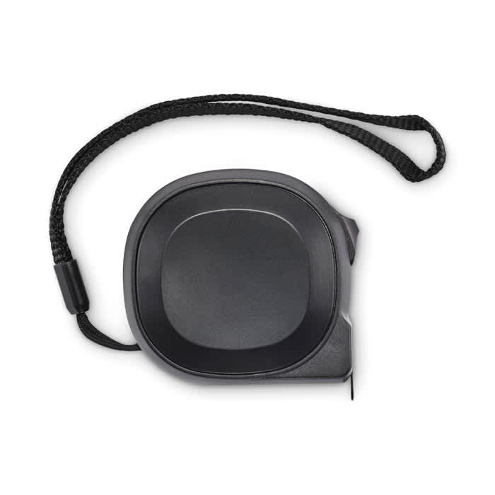 A measuring tape in black with a textured surface and a braided strap for easy handling.