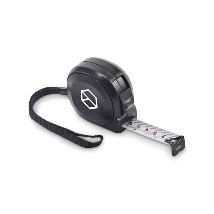 A black measuring tape with a logo, featuring a retractable tape marked in both inches and centimetres.
