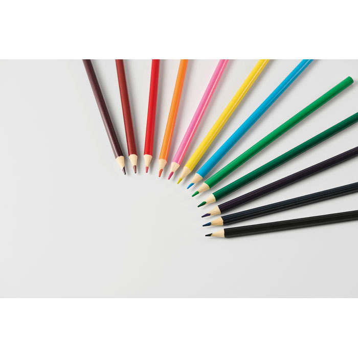 Colourful drawing pencils arranged in a fan shape on a white background, featuring various colours and a sharp point.