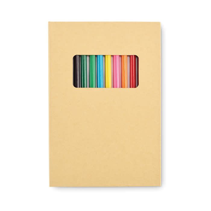 A stationery set featuring coloured pencils in various shades, packaged in a light brown cardboard box.