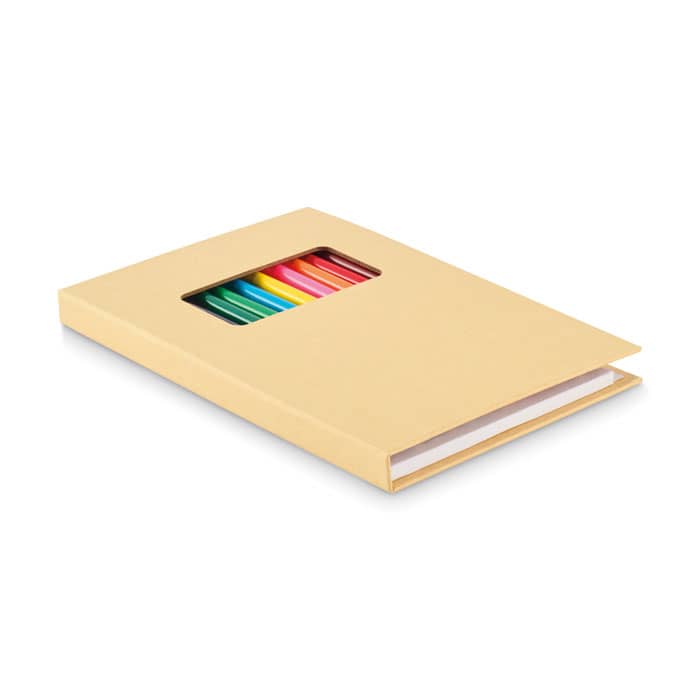 A yellow notebook featuring a transparent window displaying colourful markers inside.