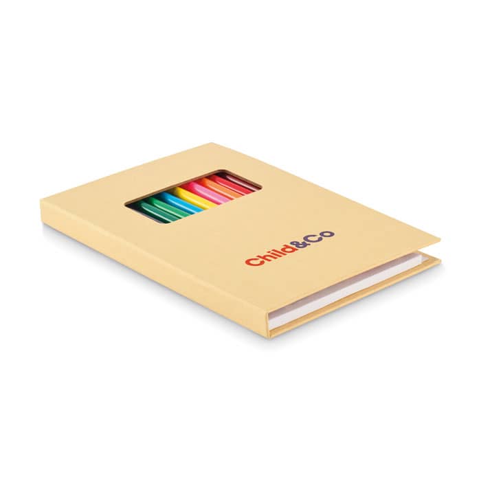 A yellow notebook with a clear window displaying several colourful pens inside and a logo on the cover.