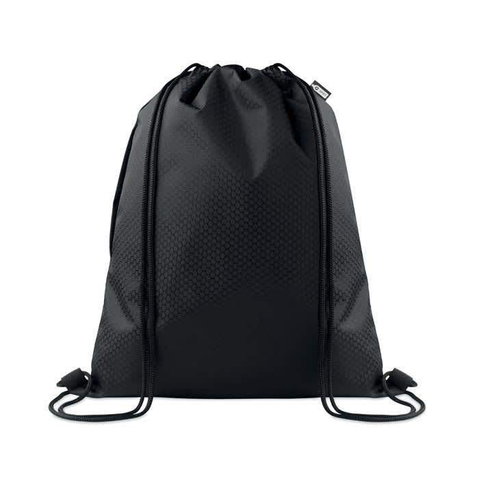 A drawstring bag in black with a textured design and two adjustable cords. It features a logo.