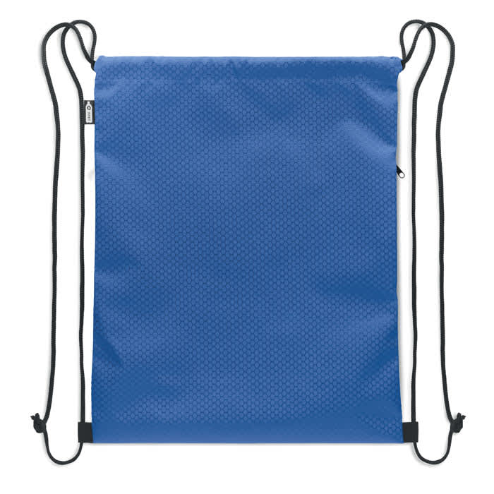 A blue drawstring bag with a textured surface, featuring black straps and a zippered pocket.