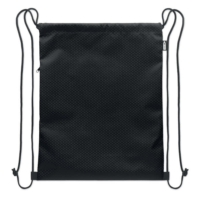 A drawstring bag in black with a textured pattern, featuring two adjustable straps and a discreet logo.