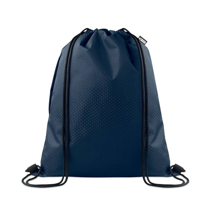 A drawstring backpack in navy blue with a textured finish and black cords. It features a logo.
