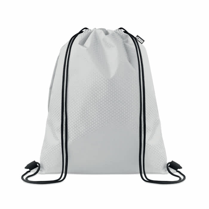 A drawstring bag in a light grey colour with black straps and a textured pattern. Features a logo on the side.