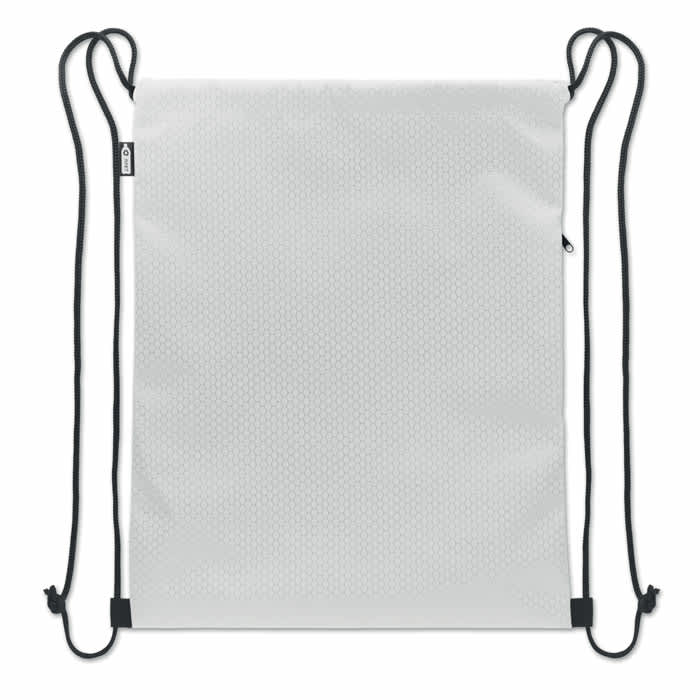 A drawstring backpack in white with black straps and a subtle textured pattern. It features a logo on one side.