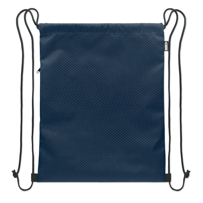 A drawstring bag in navy blue with a textured surface and black straps, featuring a small logo.