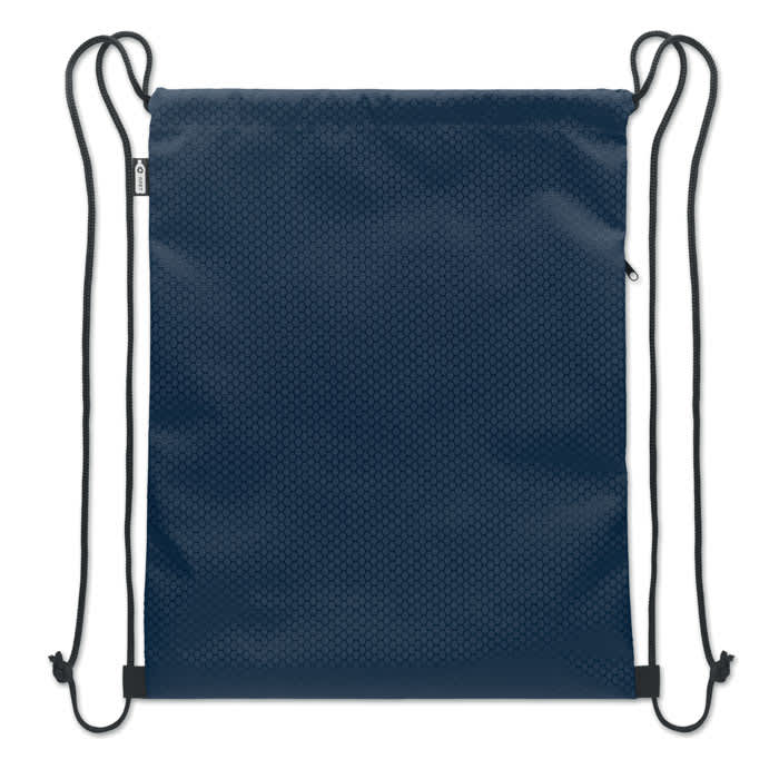 A drawstring bag in navy blue with a textured design and black cords for easy carrying.