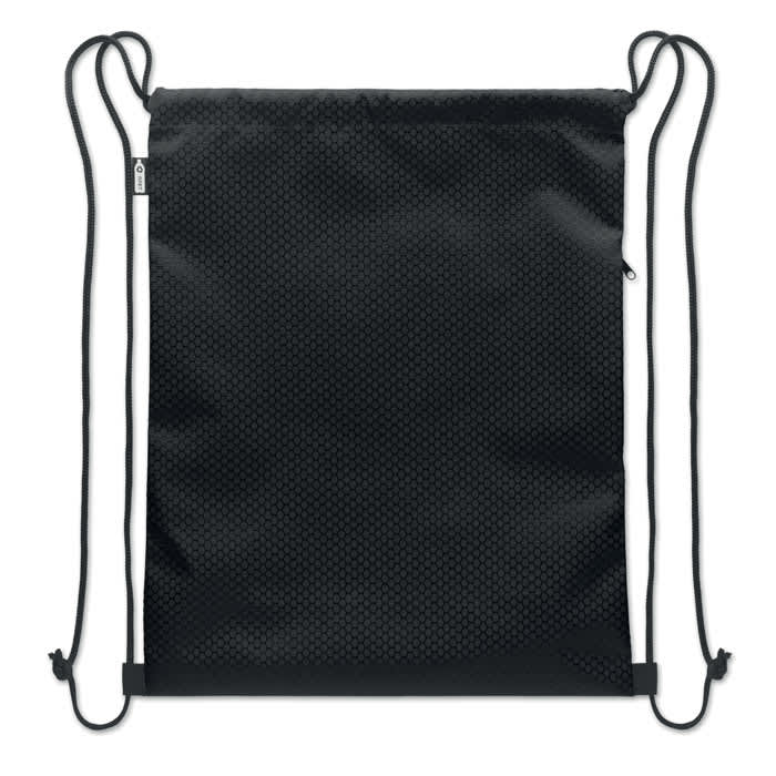 A drawstring backpack in black with a textured design and adjustable side strings. Features a simple logo.