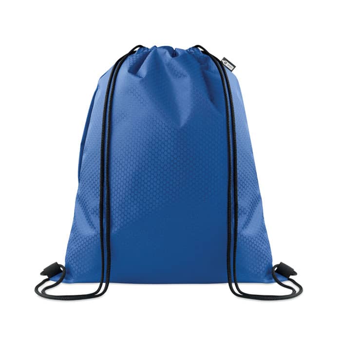 A drawstring backpack in a vibrant blue colour with black cords and a textured surface. It features a logo.