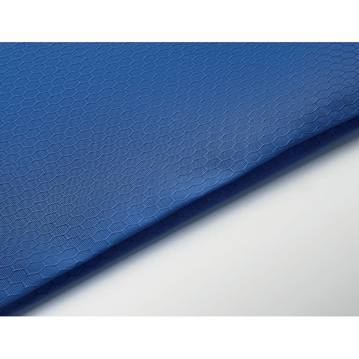 A textured blue fabric with a hexagonal pattern. The material appears smooth and well-finished.