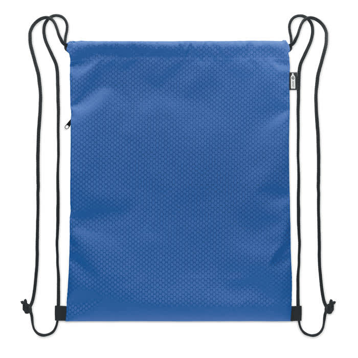 A drawstring bag in a vibrant blue colour, featuring a textured pattern and black straps.