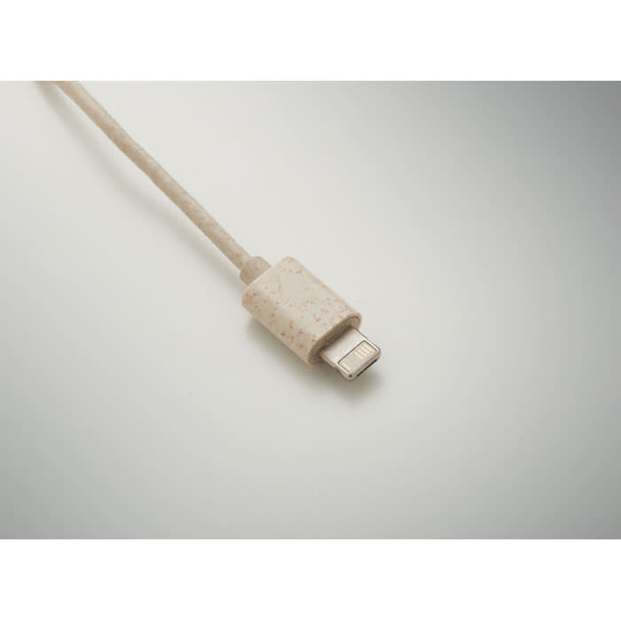 A light beige charging cable with a textured connector and a sleek design. It features a small logo on the connector.