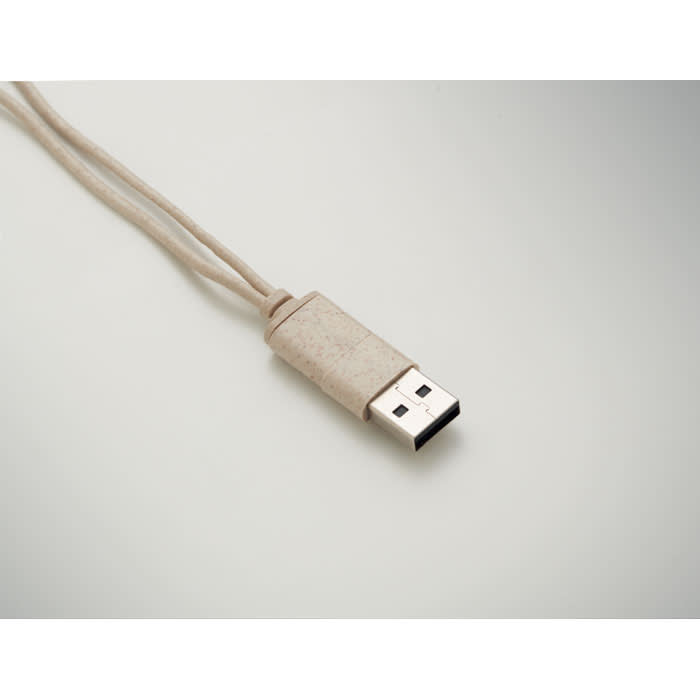 A USB cable with a beige, textured connector, featuring a standard USB plug.