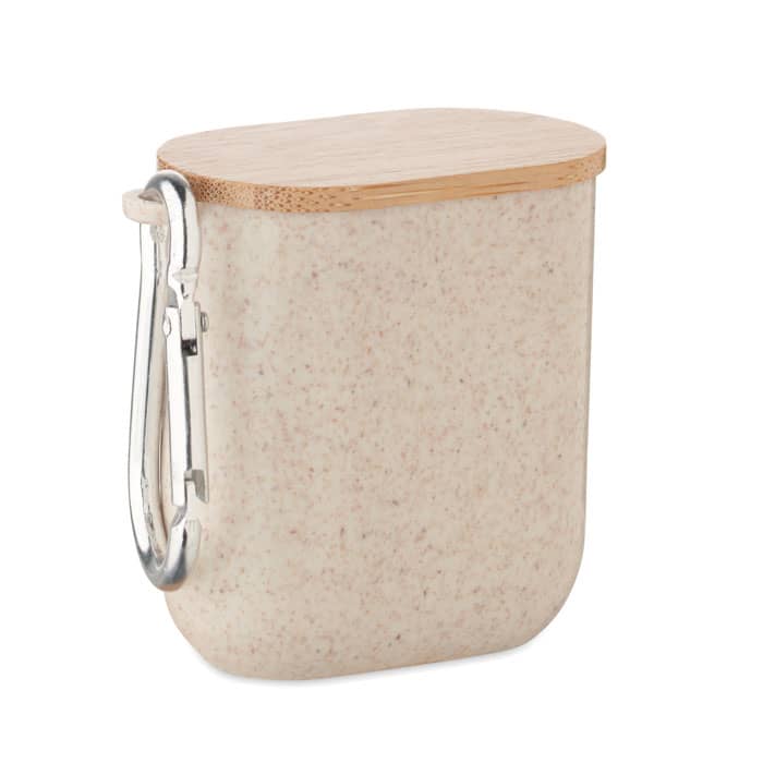 A drink bottle in a cream colour with a bamboo lid and metal clip for easy attachment.