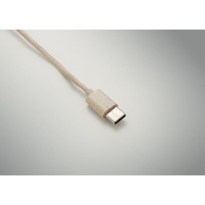 A USB-C cable in a light beige colour with a textured connector end.