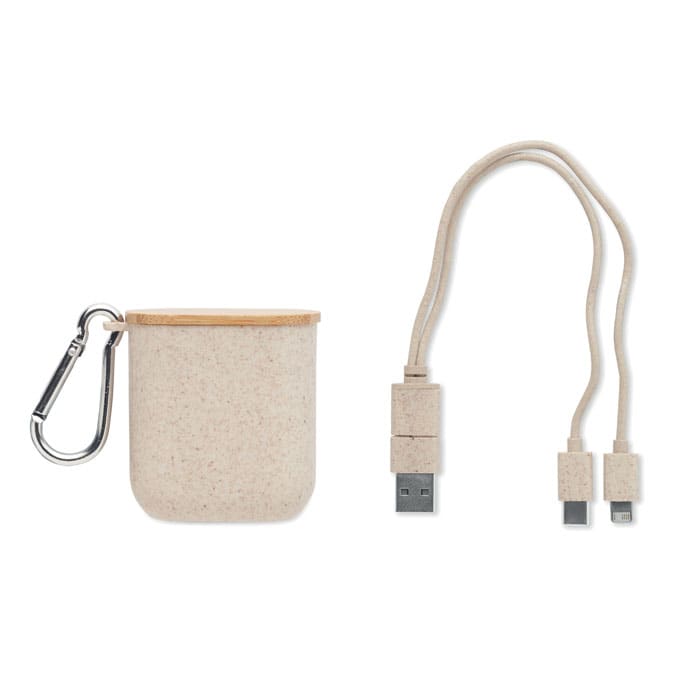 A compact charging case in a beige finish with a wooden lid and a USB cable attached, featuring a carabiner clip.