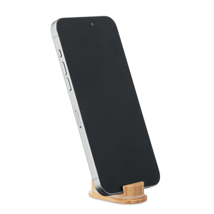 A smartphone on a wooden stand, featuring a sleek design with a dark screen and minimalist style.