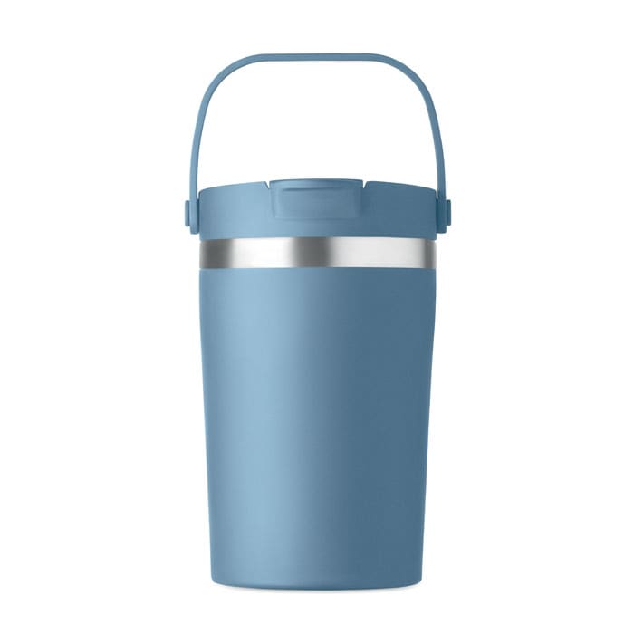 A drink bottle in a soft blue colour with a silver band and a detachable handle. It features a logo on the side.