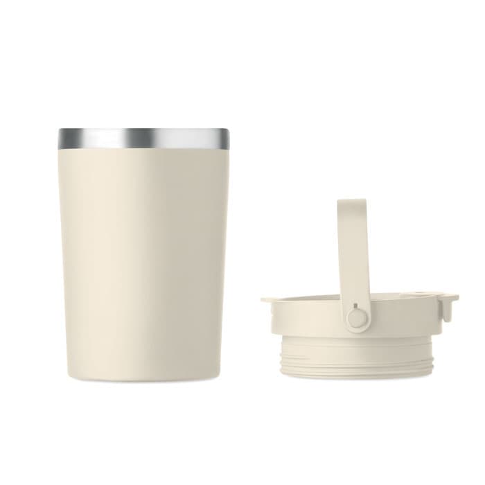 A drink bottle in a light beige colour with a removable lid. It features a metallic rim and a logo.
