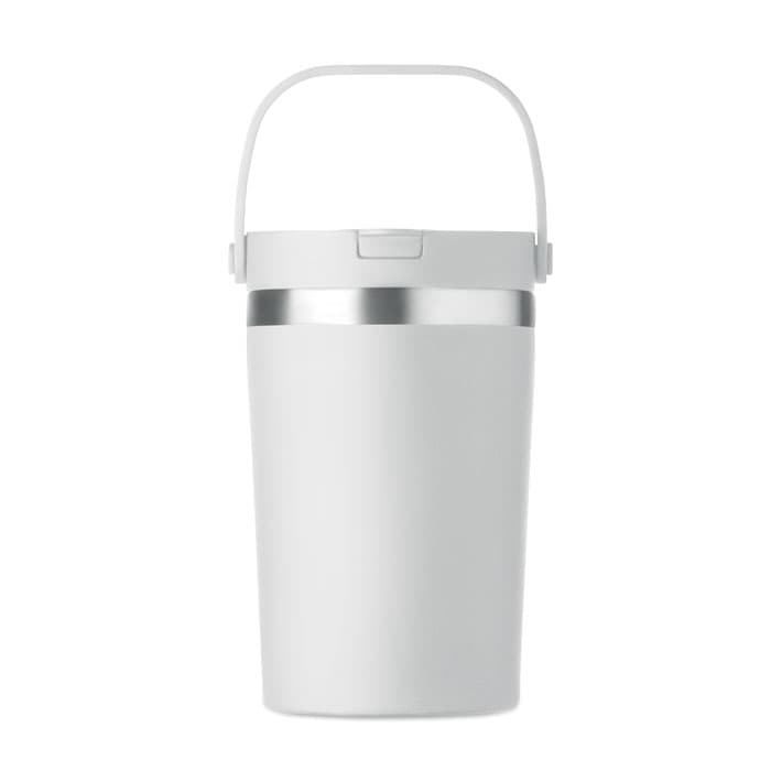 A drink bottle in white with a silver band and a handle for easy carrying. It features a logo on the side.