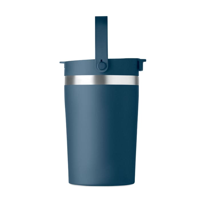 A drink bottle in a deep blue colour with a stainless steel band and a handle on the lid. It features a logo.